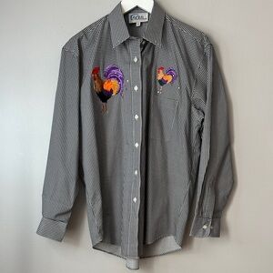Las Olas brand button-down shirt black white gingham  embroidered rooster M